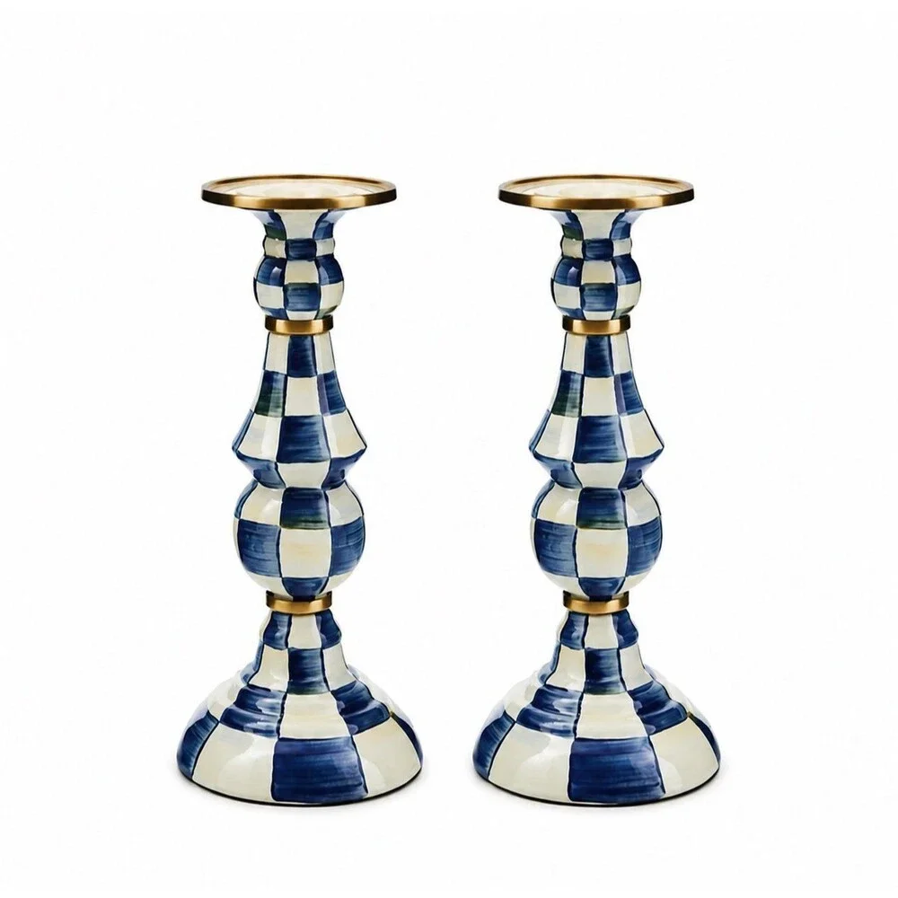 Mackenzie Childs Royal Check Large Blue and White Candlestick Set of 2 New